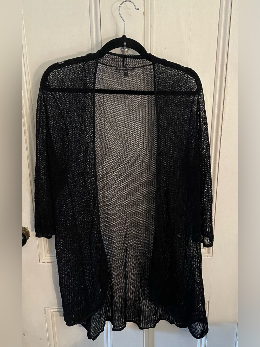 Eileen Fisher Mesh Cardigan Sweater Black Open Front Tunic Length Size Large